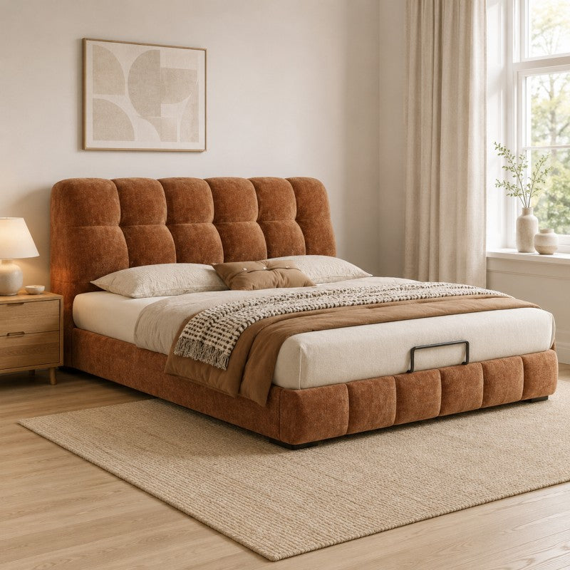 Modern Tufted Upholstered Bed – Warm Caramel