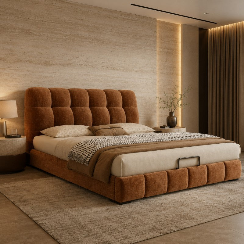 Modern Tufted Upholstered Bed – Warm Caramel