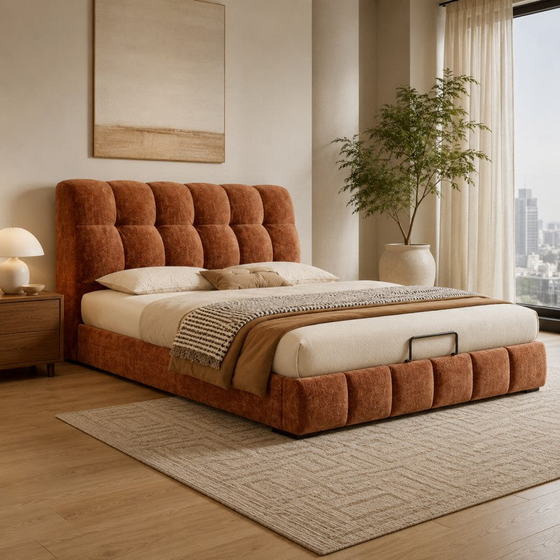 Modern Tufted Upholstered Bed – Warm Caramel