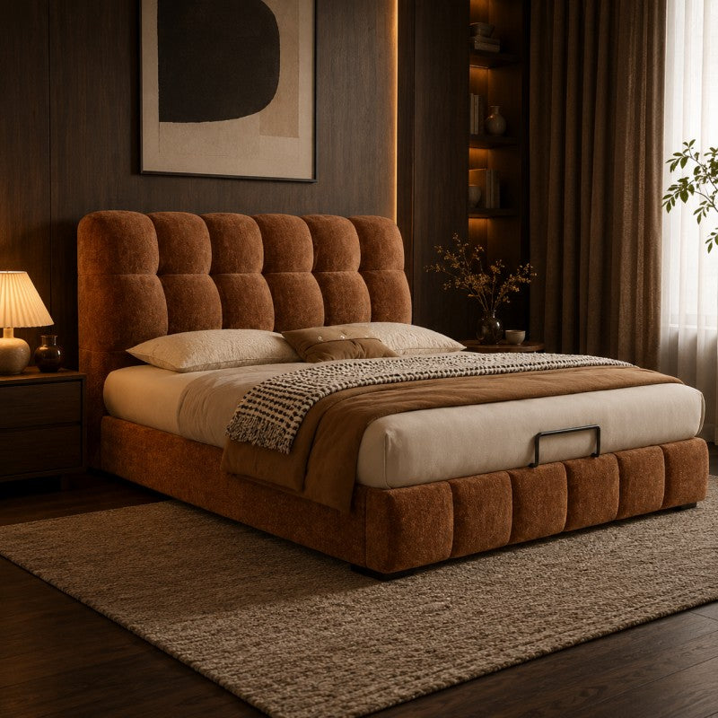 Modern Tufted Upholstered Bed – Warm Caramel