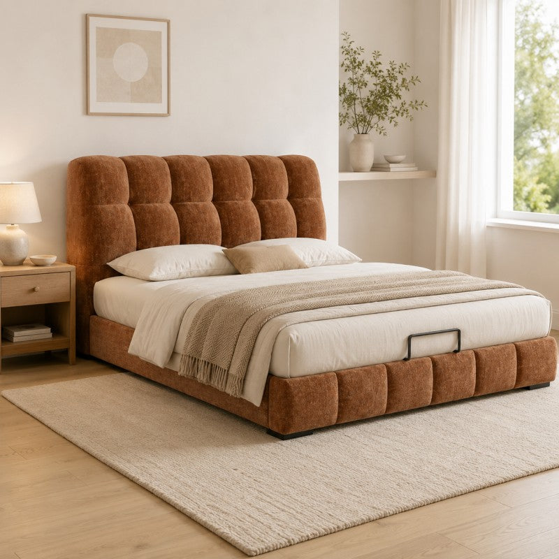 Modern Tufted Upholstered Bed – Warm Caramel