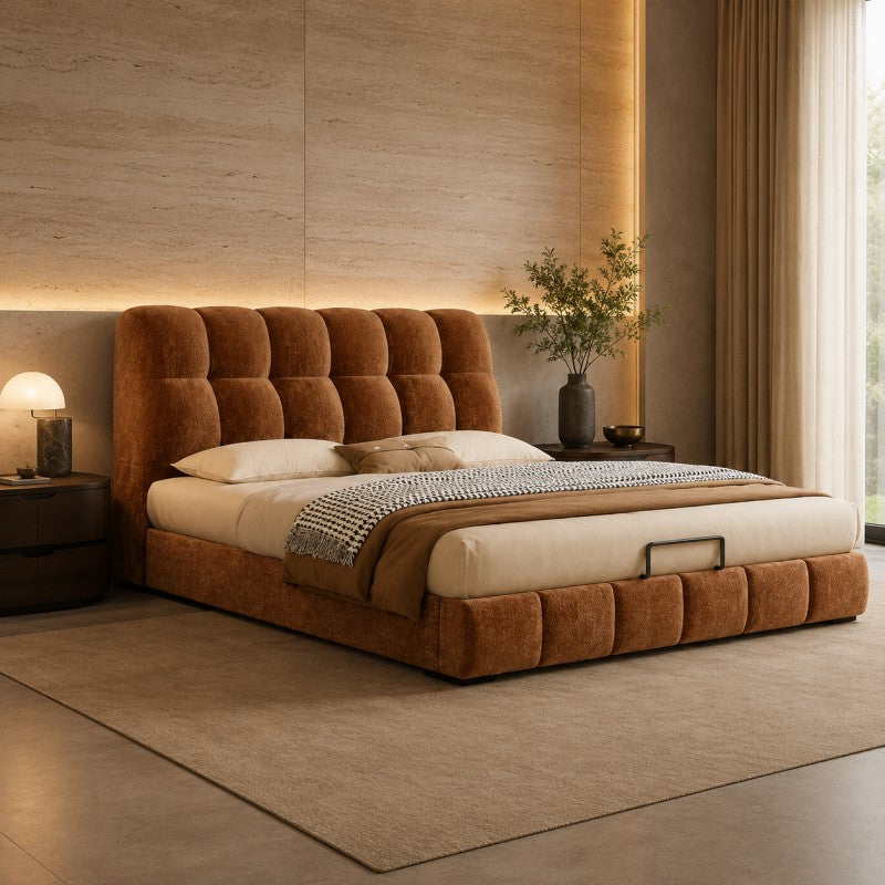 Modern Tufted Upholstered Bed – Warm Caramel