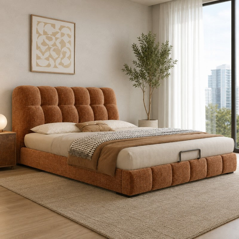Modern Tufted Upholstered Bed – Warm Caramel