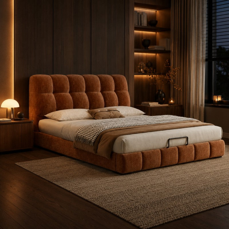 Modern Tufted Upholstered Bed – Warm Caramel