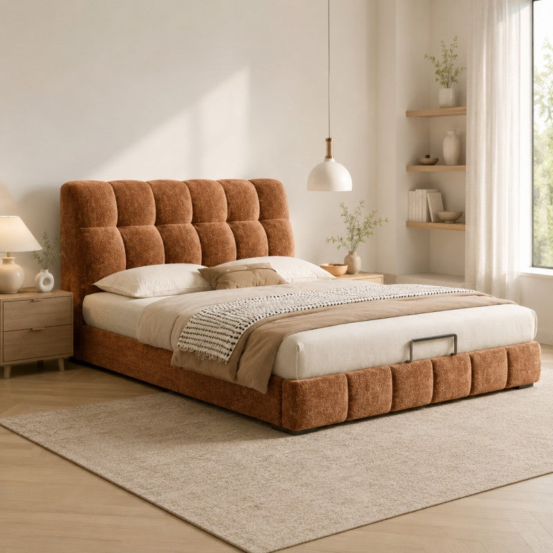 Modern Tufted Upholstered Bed – Warm Caramel