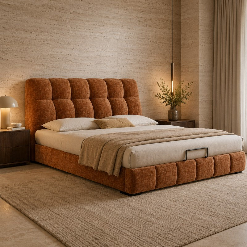 Modern Tufted Upholstered Bed – Warm Caramel