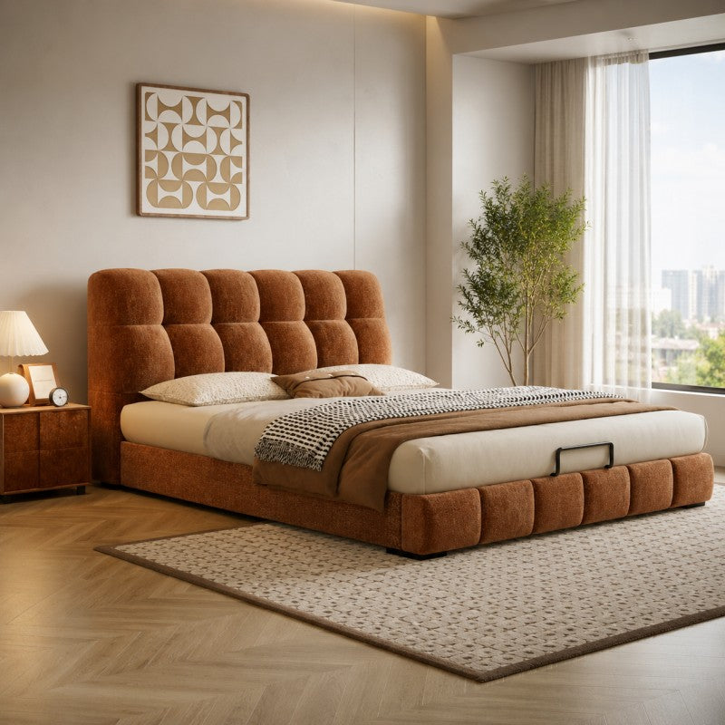 Modern Tufted Upholstered Bed – Warm Caramel