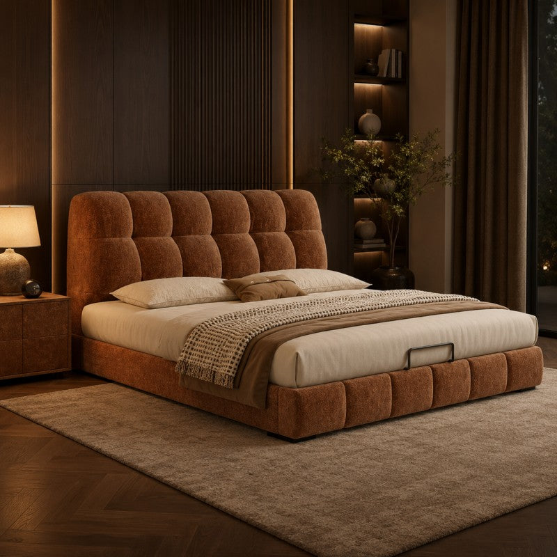 Modern Tufted Upholstered Bed – Warm Caramel
