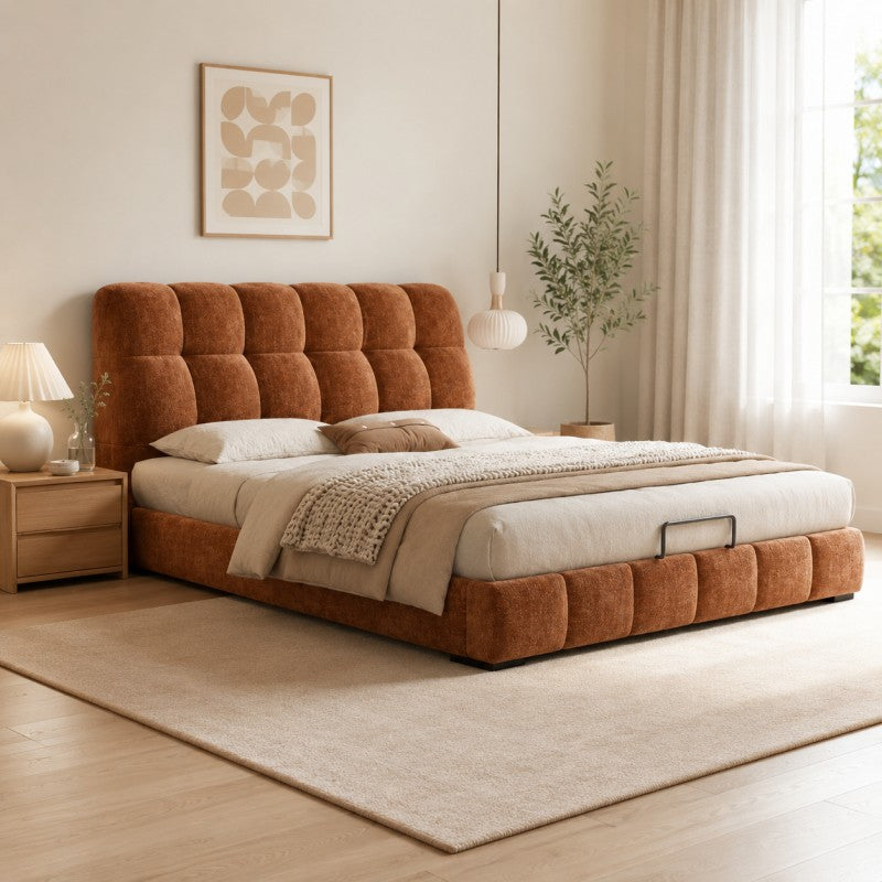 Modern Tufted Upholstered Bed – Warm Caramel