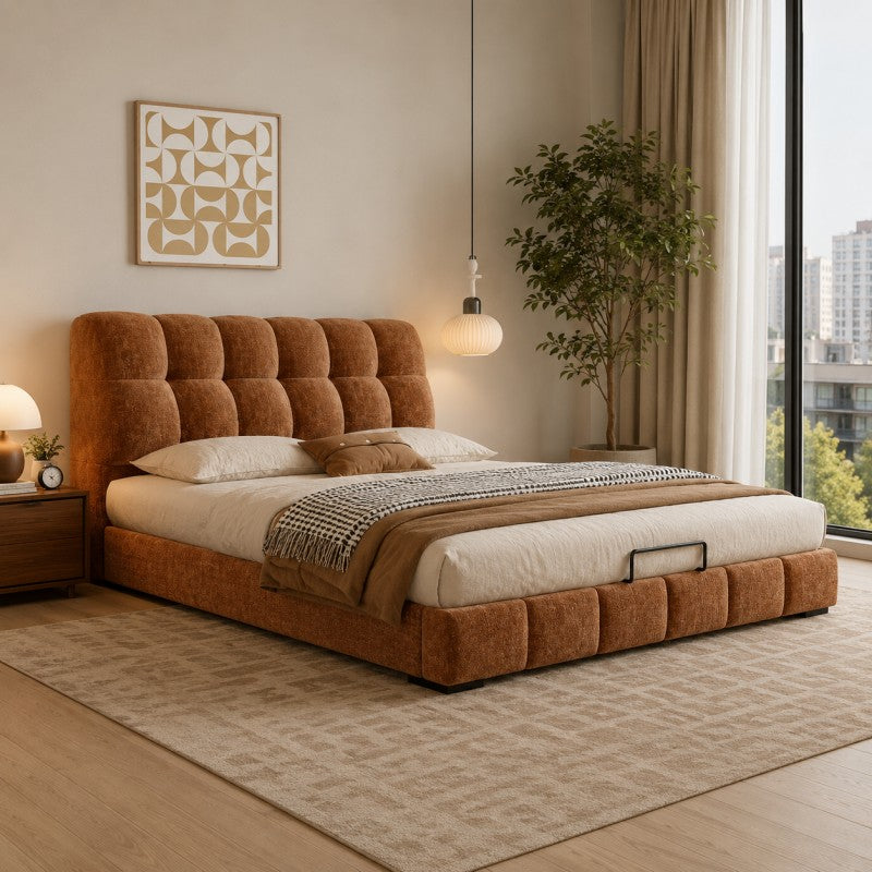 Modern Tufted Upholstered Bed – Warm Caramel