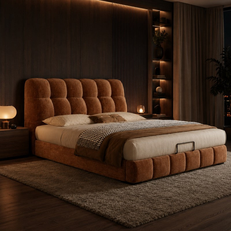 Modern Tufted Upholstered Bed – Warm Caramel