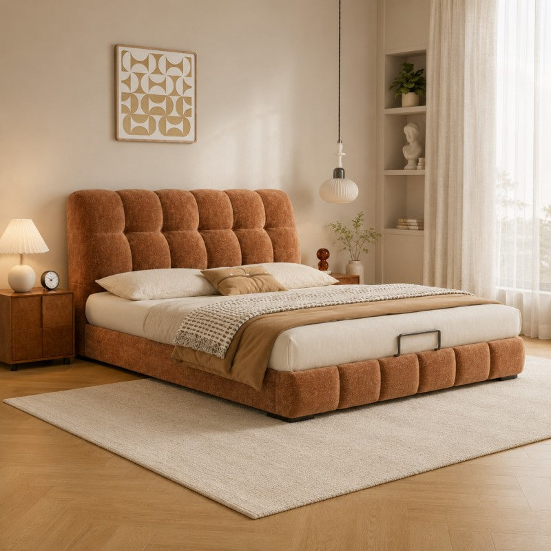 Modern Tufted Upholstered Bed – Warm Caramel
