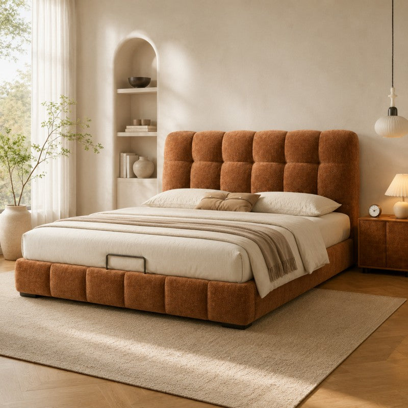 Modern Tufted Upholstered Bed – Warm Caramel