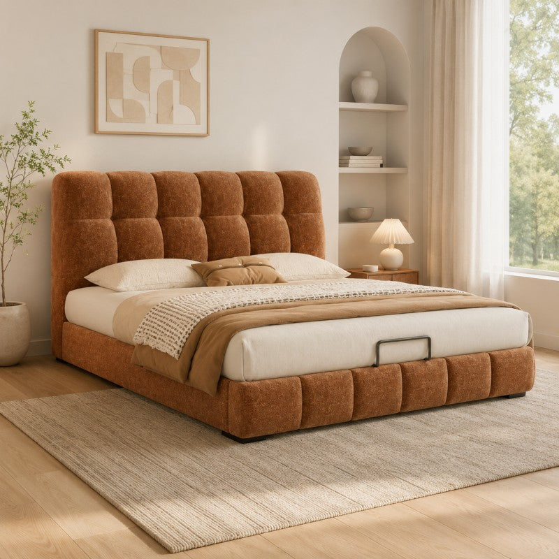 Modern Tufted Upholstered Bed – Warm Caramel