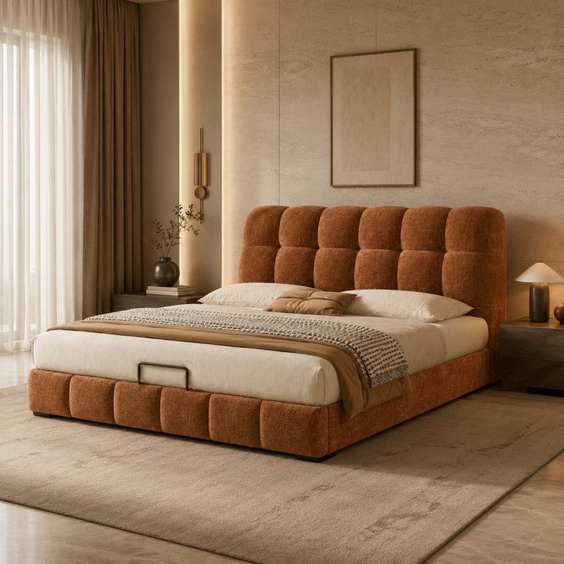Modern Tufted Upholstered Bed – Warm Caramel