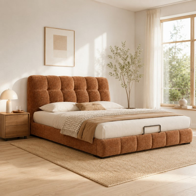 Modern Tufted Upholstered Bed – Warm Caramel