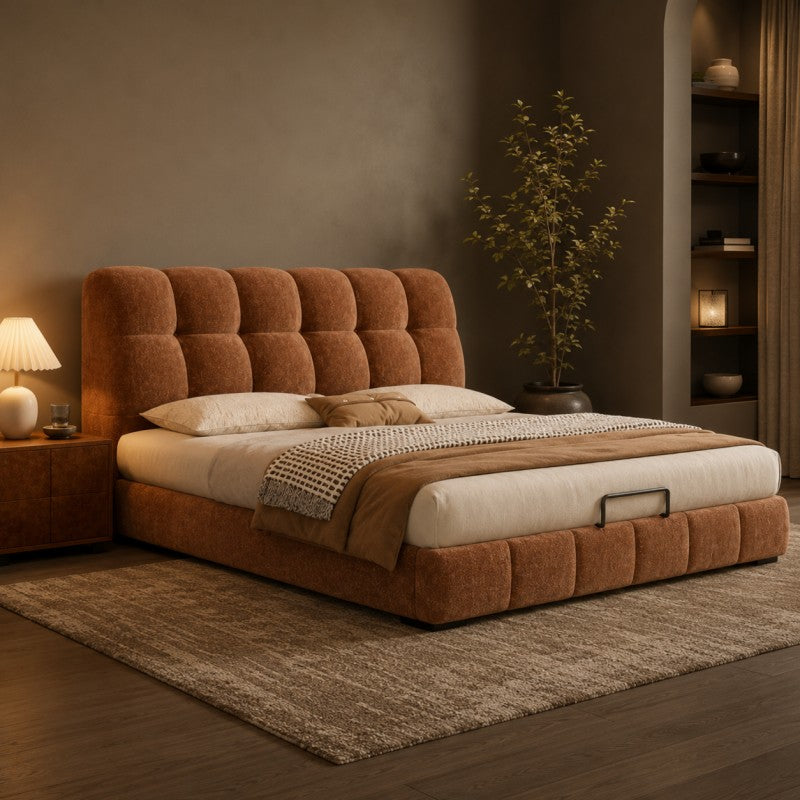 Modern Tufted Upholstered Bed – Warm Caramel