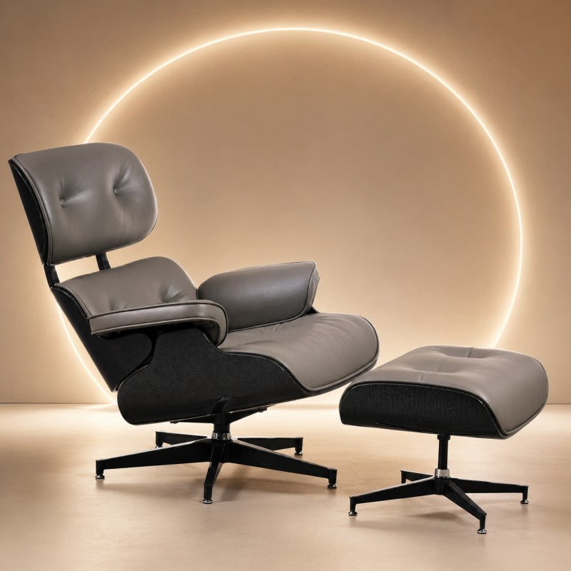 Lounge Chair with Ottoman – Gray-Black Leather