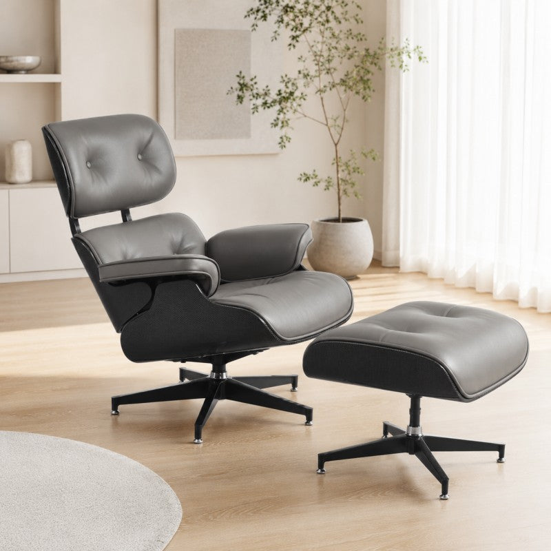 Lounge Chair with Ottoman – Gray-Black Leather