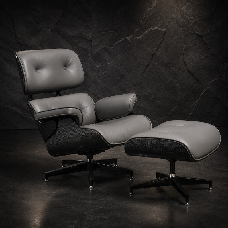 Lounge Chair with Ottoman – Gray-Black Leather