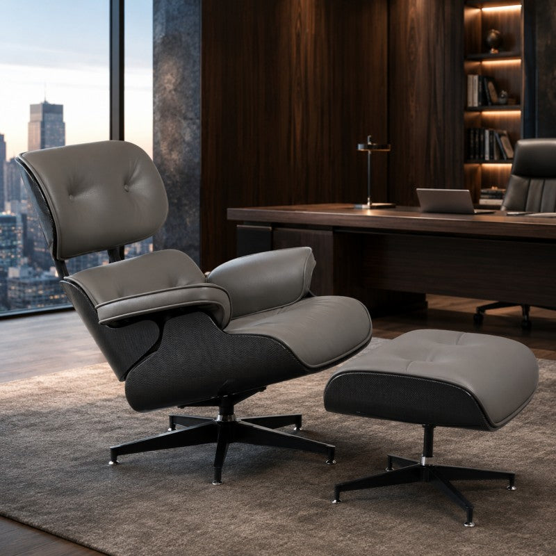 Lounge Chair with Ottoman – Gray-Black Leather
