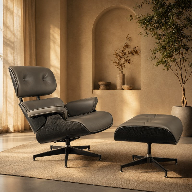 Lounge Chair with Ottoman – Gray-Black Leather