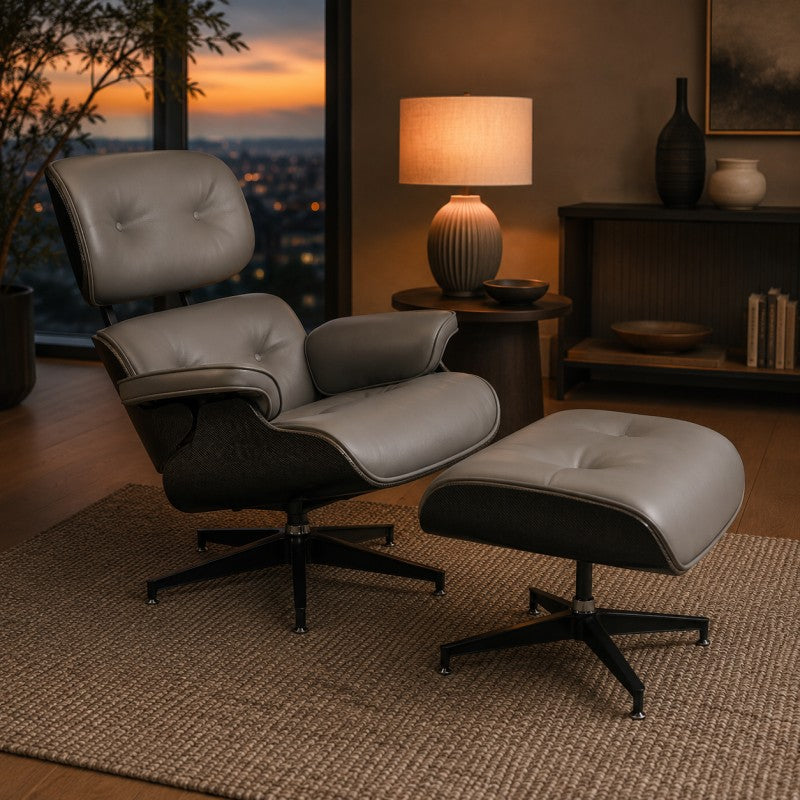 Lounge Chair with Ottoman – Gray-Black Leather