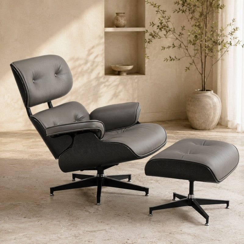 Lounge Chair with Ottoman – Gray-Black Leather