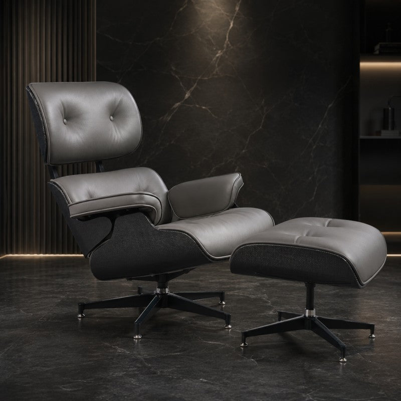 Lounge Chair with Ottoman – Gray-Black Leather
