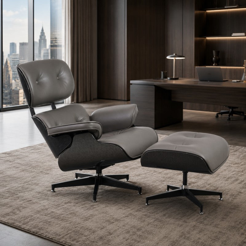 Lounge Chair with Ottoman – Gray-Black Leather