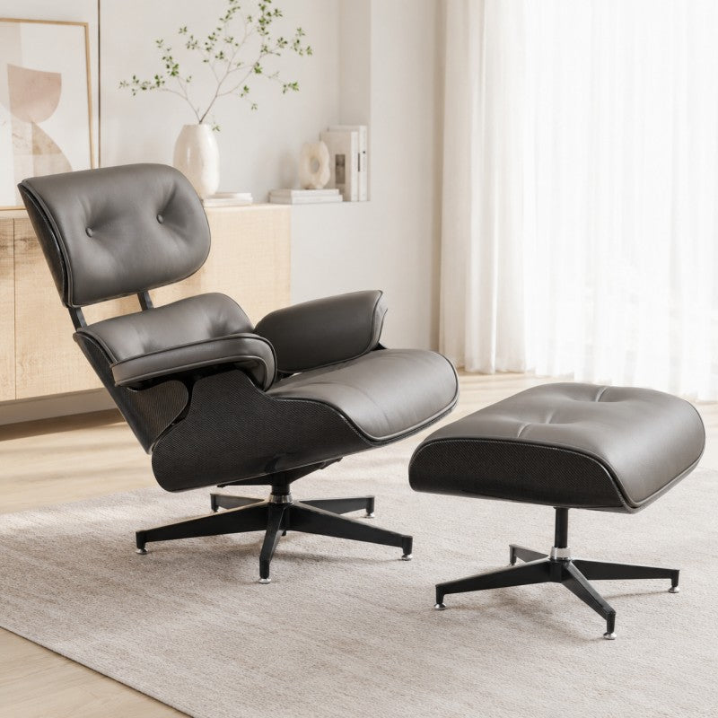 Lounge Chair with Ottoman – Gray-Black Leather