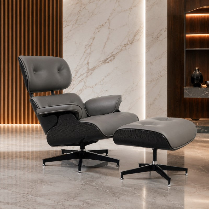 Lounge Chair with Ottoman – Gray-Black Leather