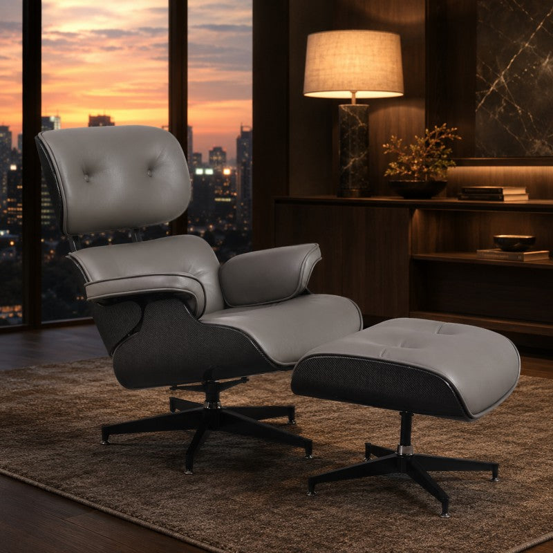 Lounge Chair with Ottoman – Gray-Black Leather