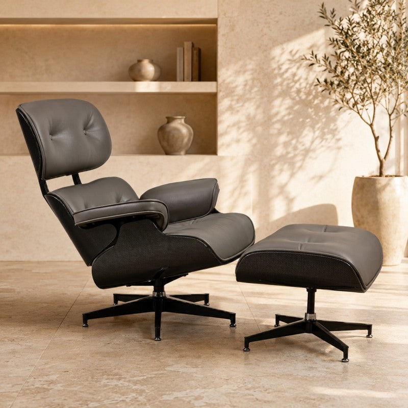 Lounge Chair with Ottoman – Gray-Black Leather