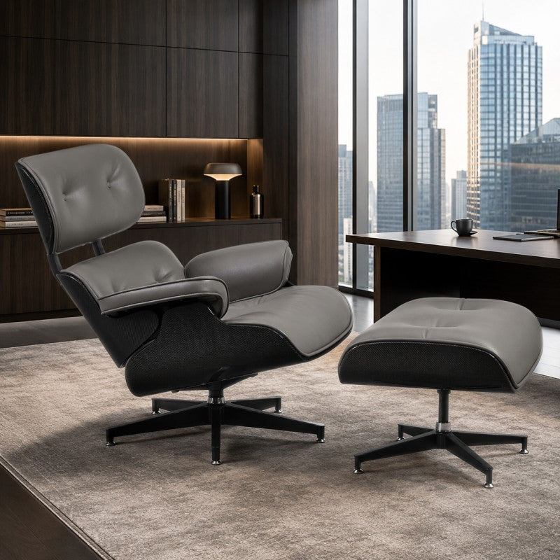 Lounge Chair with Ottoman – Gray-Black Leather