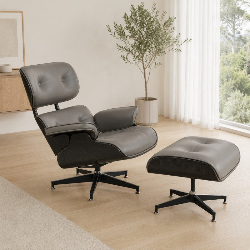 Lounge Chair with Ottoman – Gray-Black Leather
