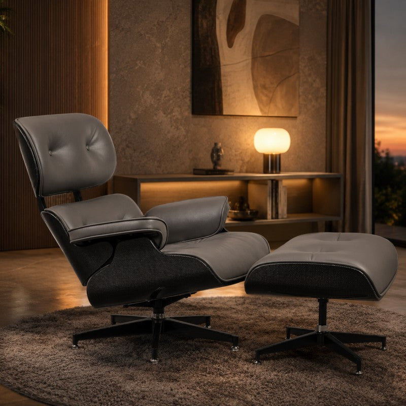 Lounge Chair with Ottoman – Gray-Black Leather