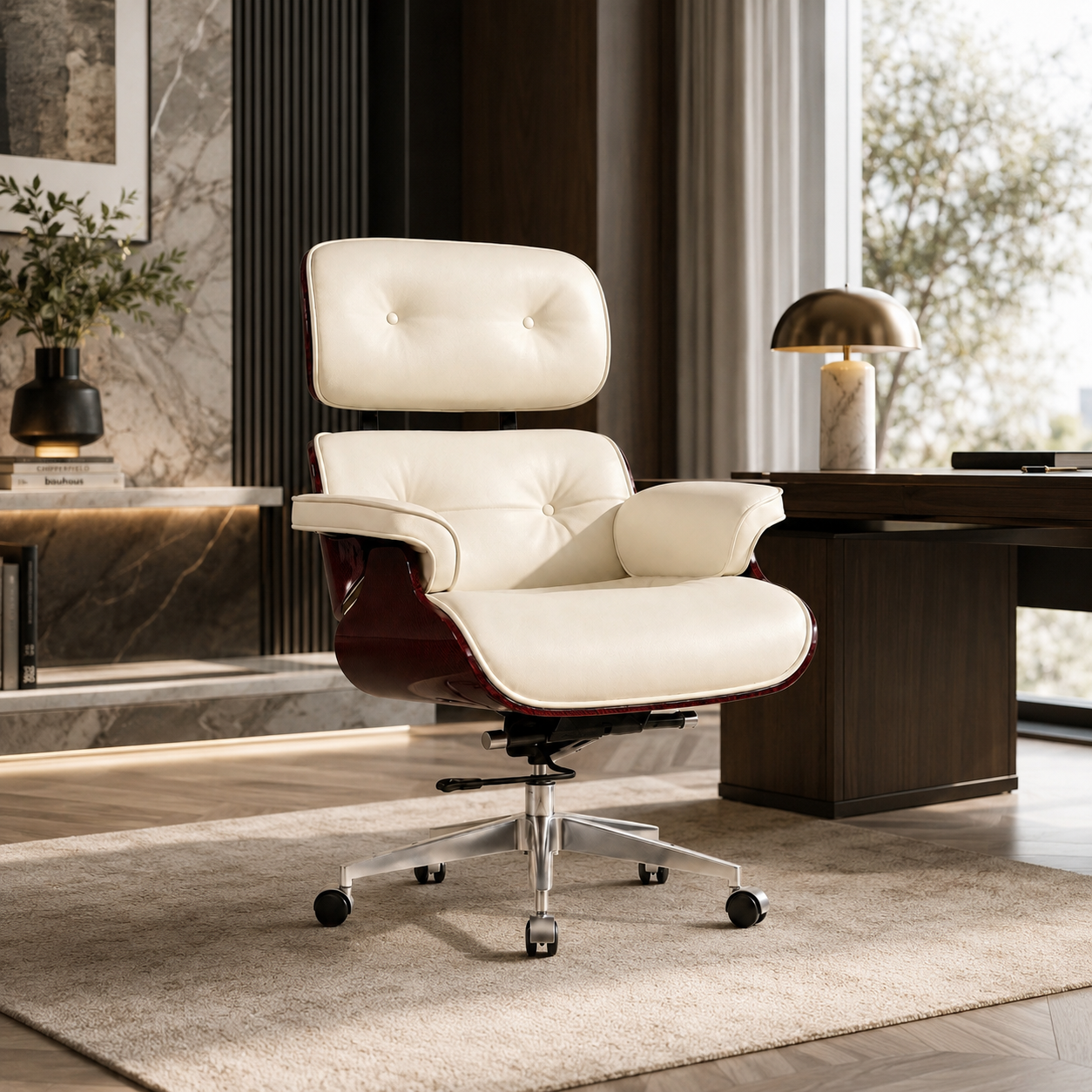 White Swivel Lounge Office Chair – Carbon Fiber Shell