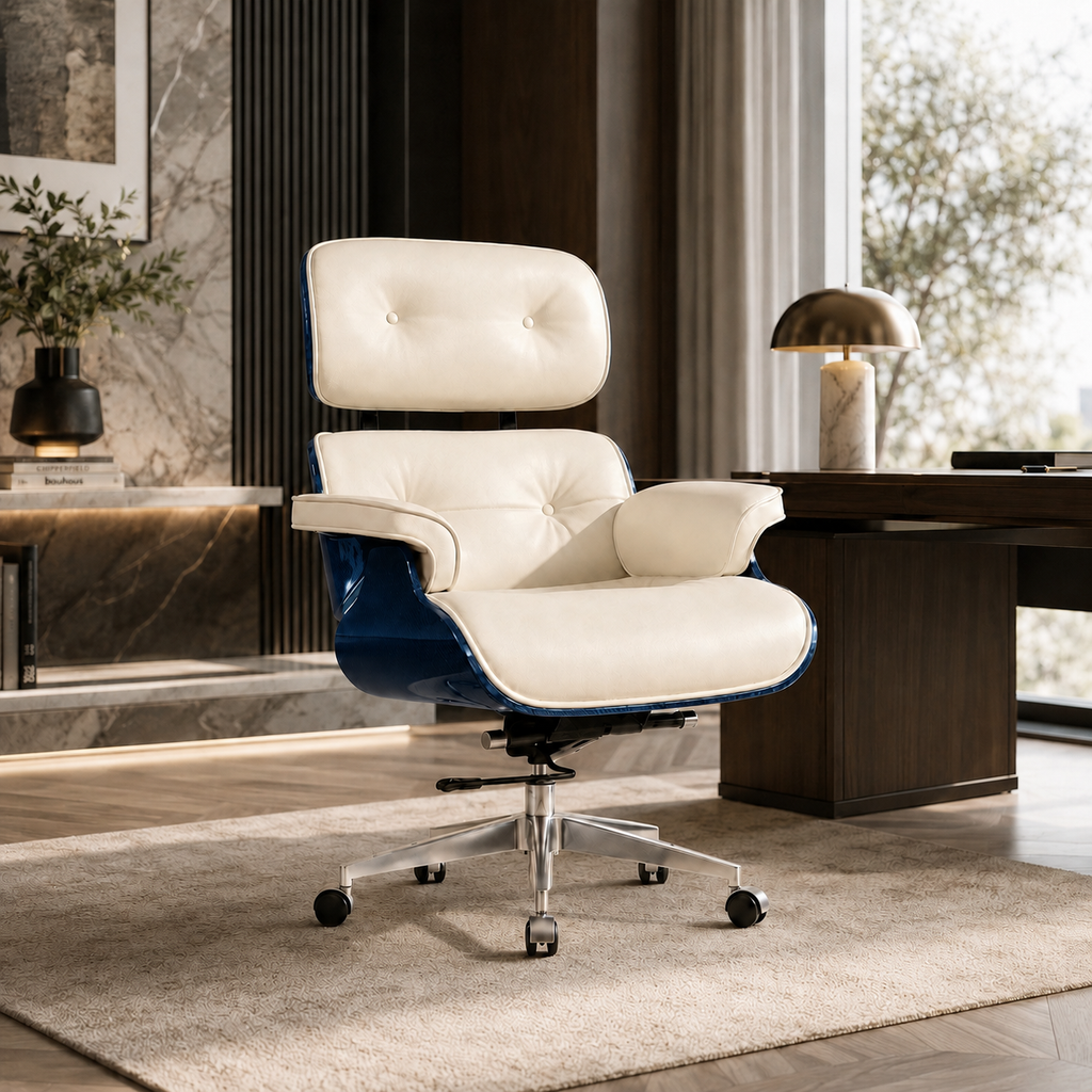 White Swivel Lounge Office Chair – Carbon Fiber Shell