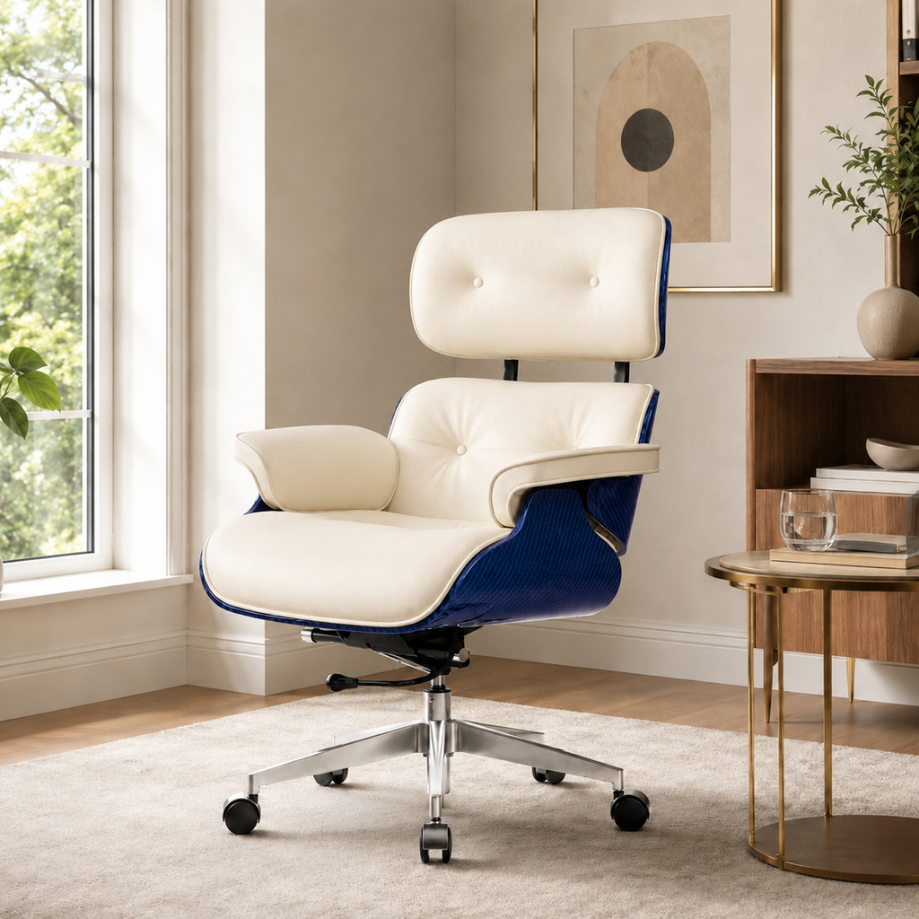 White Swivel Lounge Office Chair – Carbon Fiber Shell