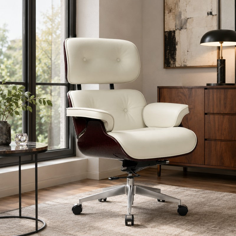 White Swivel Lounge Office Chair – Carbon Fiber Shell