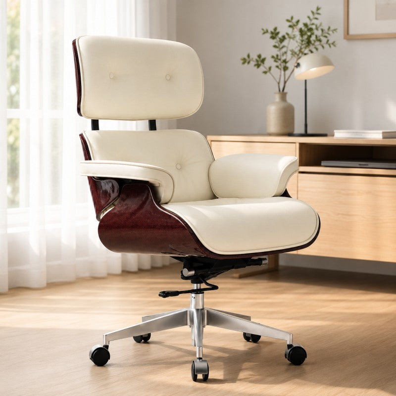 White Swivel Lounge Office Chair – Carbon Fiber Shell