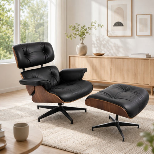 Black Lounge Chair with Ottoman – Walnut Shell