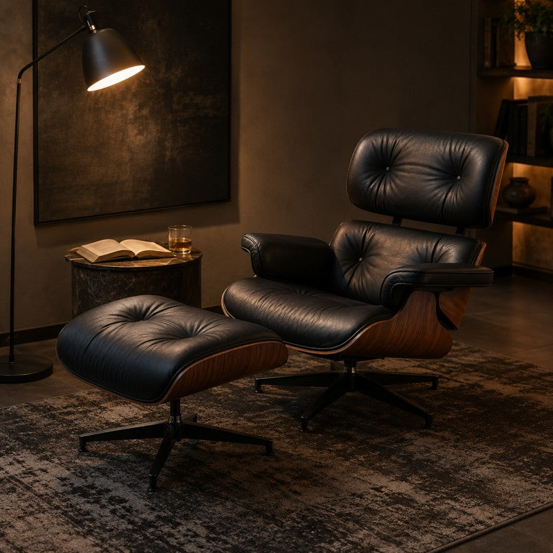 Black Lounge Chair with Ottoman – Walnut Shell