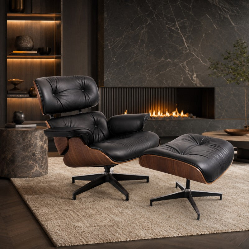 Black Lounge Chair with Ottoman – Walnut Shell