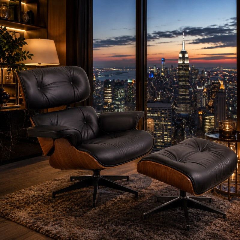 Black Lounge Chair with Ottoman – Walnut Shell