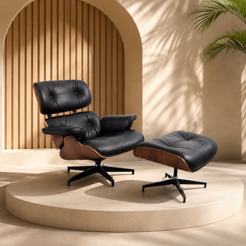 Black Lounge Chair with Ottoman – Walnut Shell