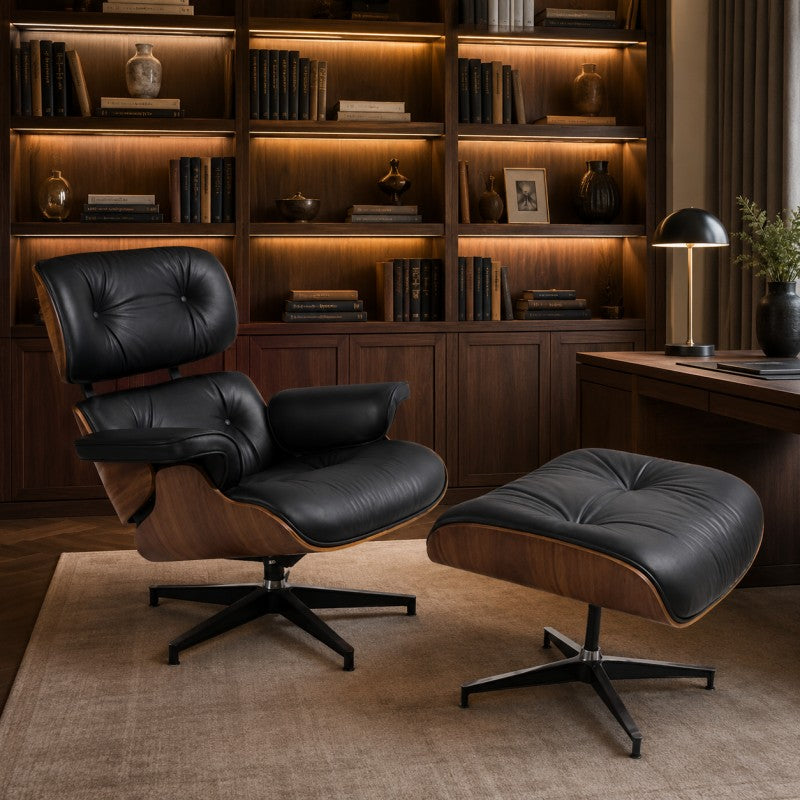 Black Lounge Chair with Ottoman – Walnut Shell