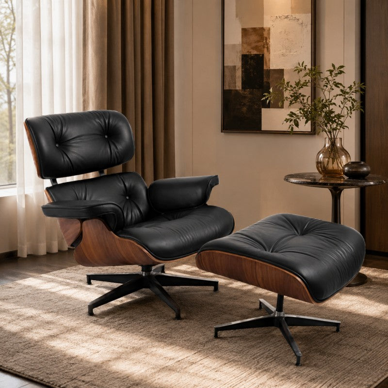 Black Lounge Chair with Ottoman – Walnut Shell