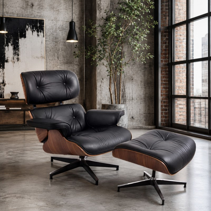 Black Lounge Chair with Ottoman – Walnut Shell